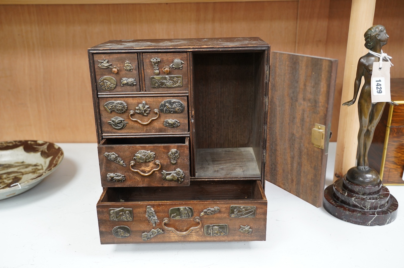 A late 19th century Japanese desk top dansu cabinet, 33.5x 29cm. Condition - fair